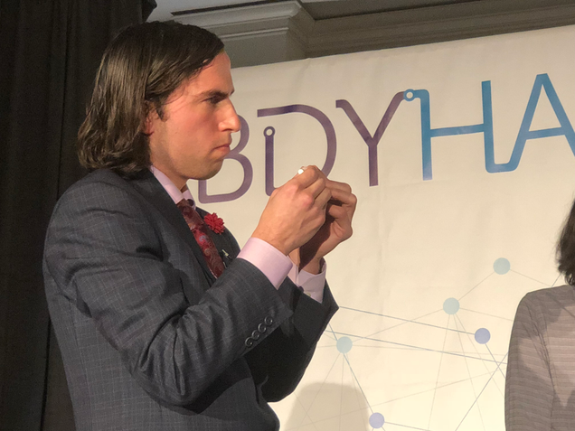 Aaron Traywick, just after injecting himself with an unregulated herpes therapy. He asked biohackers working with him whether the small amount of drug had even effectively gone into his body. Image: Kristen V. Brown